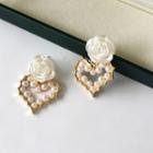 Rose Faux Pearl Heart Dangle Earring 1 Pair - Stud Earring - S925 Silver Needle - Gold - One Size
