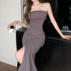 Strapless Side-slit Midi Sheath Dress