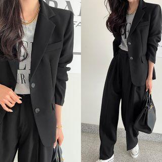 Single-breasted Notch-lapel Long Blazer Black - One Size