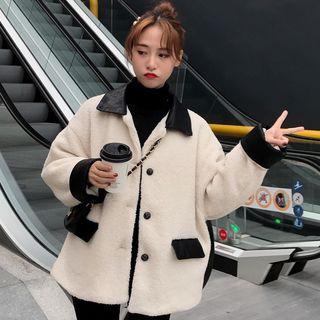 Faux Leather Panel Fleece Buttoned Jacket As Shown In Figure - One Size