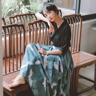 Elbow-sleeve Blouse / Maxi Printed A-line Skirt / Set