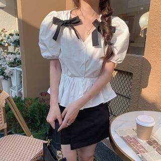 Puff-sleeve Bow-accent Peplum Top