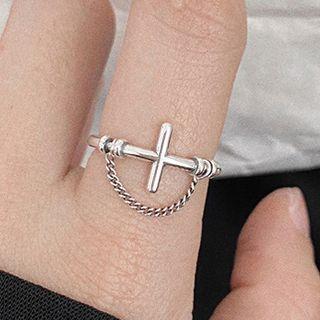 Cross Chained Alloy Open Ring Silver - One Size