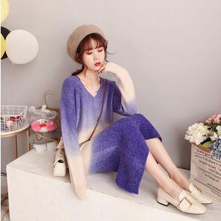 Set: Gradient V-neck Sweater + Knitted Midi Pencil Skirt