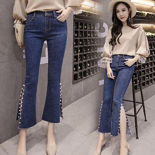 Faux Pearl Slit Hem Cropped Boot Cut Jeans