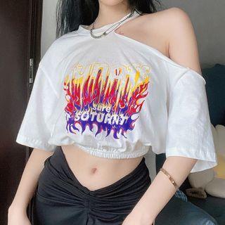 Short-sleeve Off-shoulder Print Cropped T-shirt