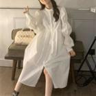Puff-sleeve Button-up Midi A-line Dress White - One Size