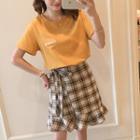 Set: Short-sleeve Lettering T-shirt + Ribbon Frill-trim Checked Mini Skirt