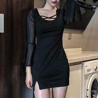 Bell-sleeve Chiffon Slit Mini Sheath Dress