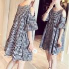 Elbow-sleeve Cold Shoulder Tiered Checked A-line Mini Dress