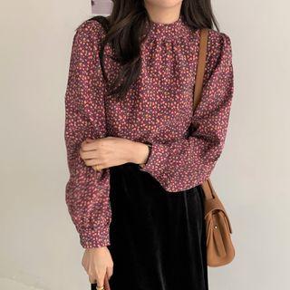 Long-sleeve Floral Print Mock-neck Blouse Floral - Red - One Size