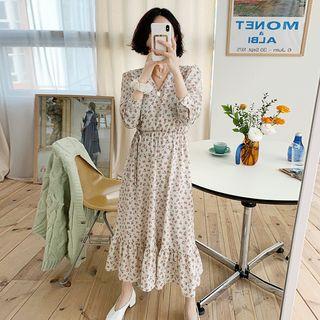 Wrap-front Drawstring-waist Long Floral Dress