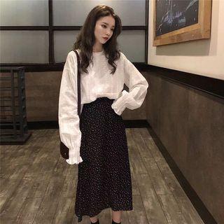 Long-sleeve Embroidered Top / Dotted Midi A-line Skirt