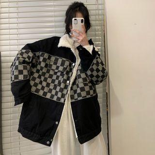 Check Panel Fleece-lined Single-breasted Jacket