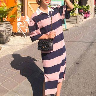 Striped Elbow-sleeve Midi Polo Shirt Dress