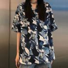 Elbow-sleeve Printed Shirt Black & Gray - One Size