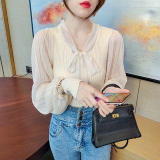 Lantern-sleeve Knit Panel Chiffon Top
