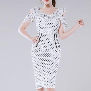 Set: Polka Dot Cold Shoulder Top + Pencil Skirt