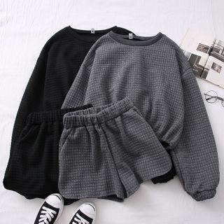 Set: Waffle Drawstring-hem Cropped Sweatshirt + Shorts