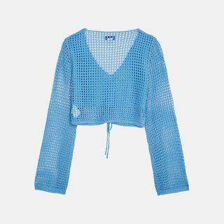Long-sleeve V-neck Drawstring Crochet Top