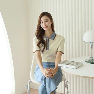 Collared Contrast-trim Ribbed Knit Top