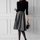 Pleated Knit Midi A-line Skirt Black - One Size