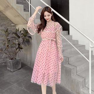Set: Balloon-sleeve Dotted Midi A-line Mesh Dress + Slipdress