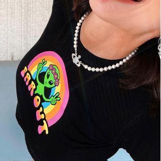 Cartoon Alien Print Cropped T-shirt