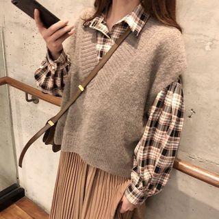 Set: Plaid Shirt + A-line Skirt + Sweater Vest