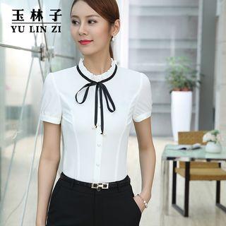 Frilled Neck Short-sleeve Shirt / Pencil Skirt