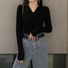 Polo-neck Ribbed Knit Top Black - One Size
