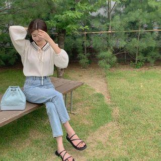 Tie-neck Embroidery Peasant Blouse