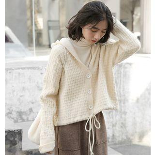 Plain Knit Hooded Sweater Jacket Off-white - One Size
