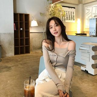 Set: Round-neck Linen Blend Cardigan + Spaghetti-strap Top