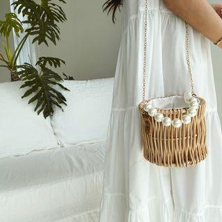Rattan Cylinder Bucket Bag Beige - One Size