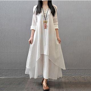 Mock Two Piece Long-sleeve Maxi A-line Dress
