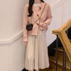 Toggle-button Cable Knit Cardigan / Accordion Pleat Midi Skirt