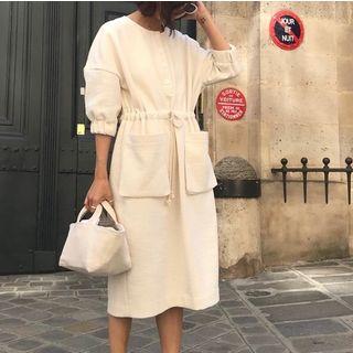 Drawstring 3/4-sleeve Dress White - One Size