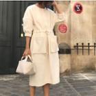 Drawstring 3/4-sleeve Dress White - One Size