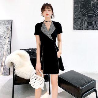 Set: Short-sleeve Rhinestone Mini A-line Dress + Shorts
