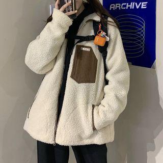 Pocket Detail Fleece Zip Jacket As Shown In Figure - One Size