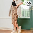 Band-waist Slit-side Leopard Skirt