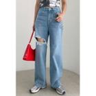 Slit Fringe-trim Wide-leg Jeans
