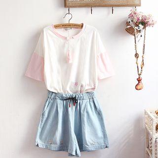 Flower Printed Short-sleeve Top / Denim Shorts / Set