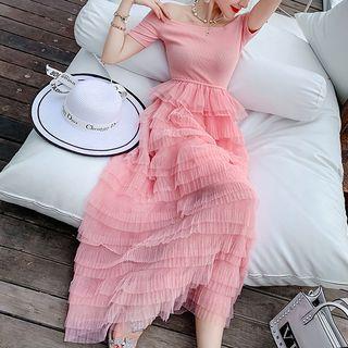 Off-shoulder Tiered Mesh Maxi Dress