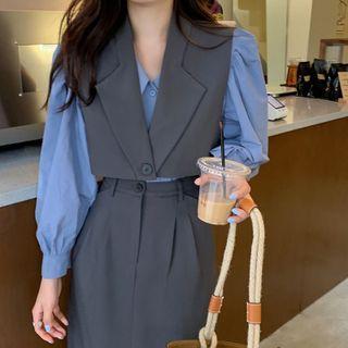 Puff-sleeve Shirt / Single-button Vest / Midi Pencil Skirt