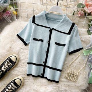 Contrast-trim Short-sleeve Knit Top Blue - One Size