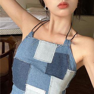 Denim Patchwork Cropped Camisole Top