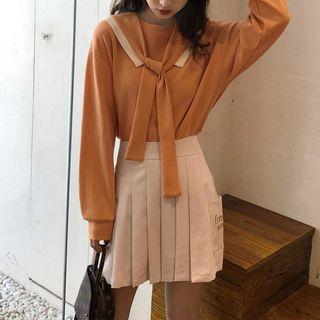 Long-sleeve Sailor Collar Top / Pleated Mini Skirt