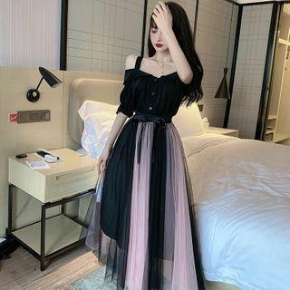 Set: Cold-shoulder Elbow-sleeve Top + Maxi A-line Mesh Skirt